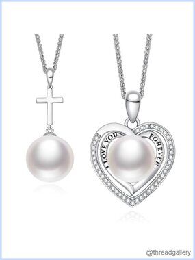 Sterling Silver Pearl Heart Cross Pendant Necklace Set